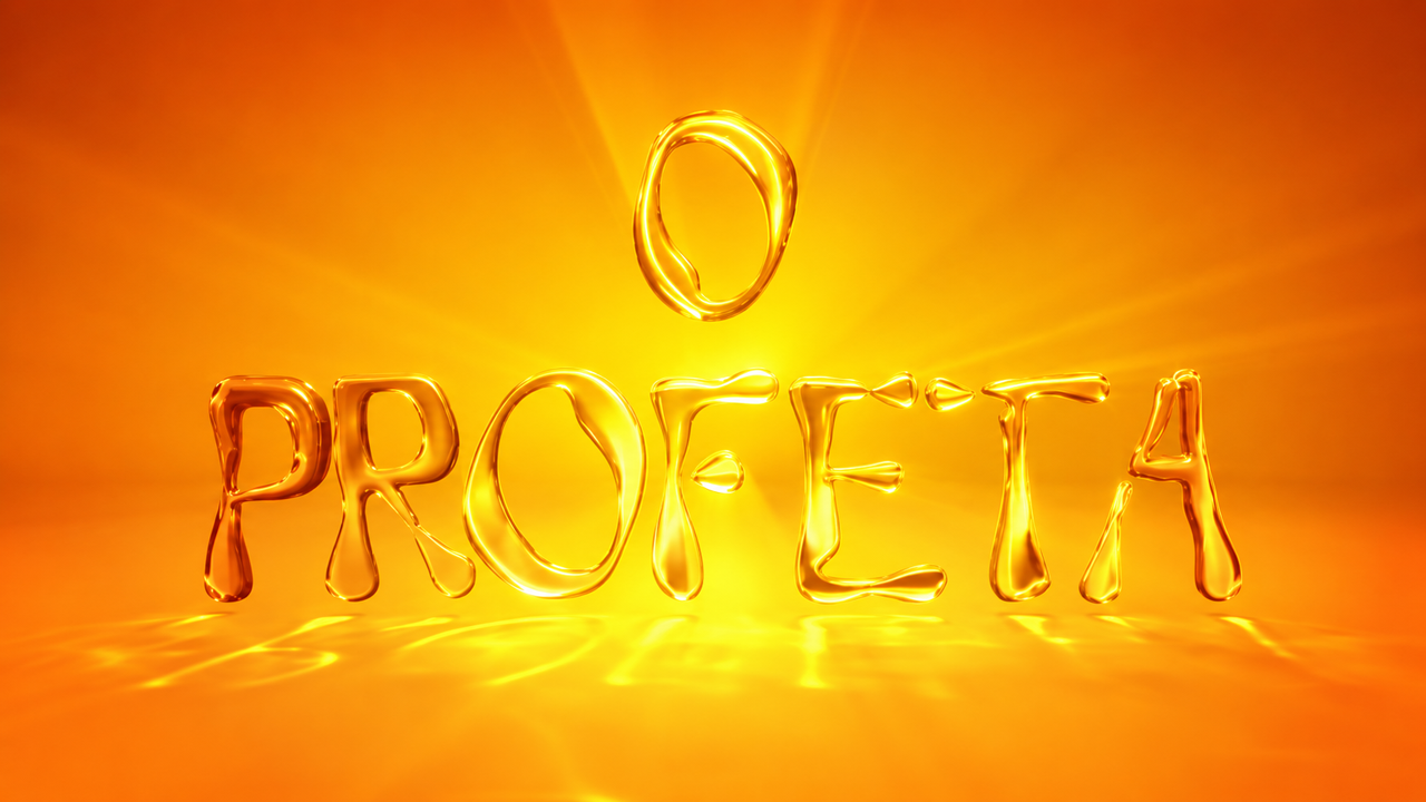 Logotipo da novela O Profeta em letras douradas sobre fundo laranja iluminado