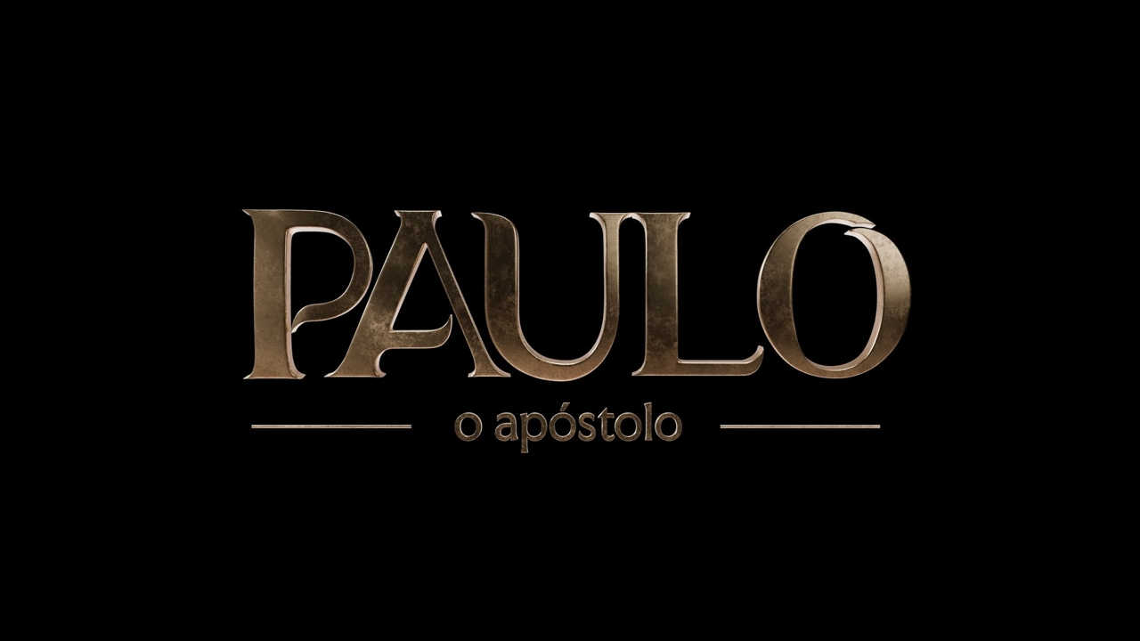 Logo da novela Paulo, O Apóstolo com letras douradas em fundo preto e traços finos acima e abaixo do subtítulo