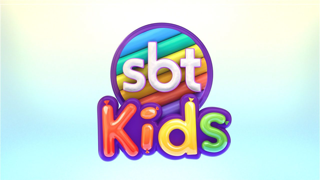 Logotipo colorido do SBT Kids com letras em estilo infantil sobre fundo degradê claro