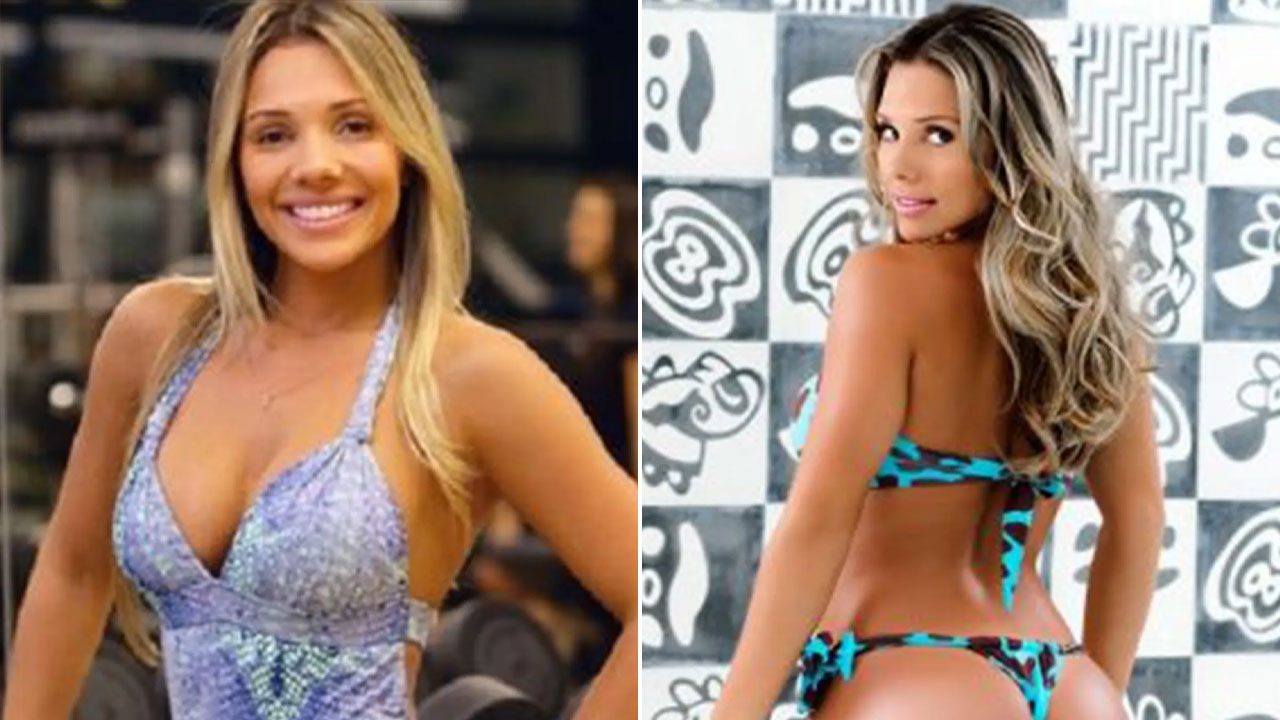 Montagem de fotos de Luana Don; à esquerda, ela sorri com roupa de ginástica, e à direita, posa com biquíni azul e marrom olhando para trás