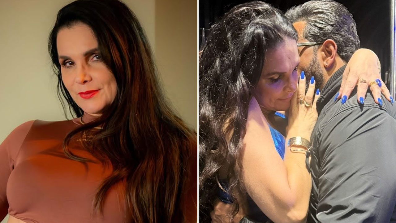 Montagem de Luiza Ambiel de batom vermelho e roupa marrom, com foto dela abraçando o namorado com unhas azuis