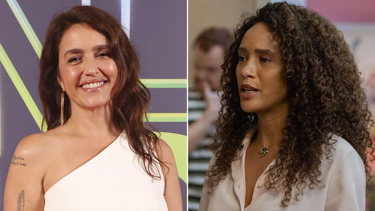 Montagem de fotos da autora Manuela Dias em evento e da atriz Taís Araujo como Raquel com cabelo cacheado em cena de Vale Tudo