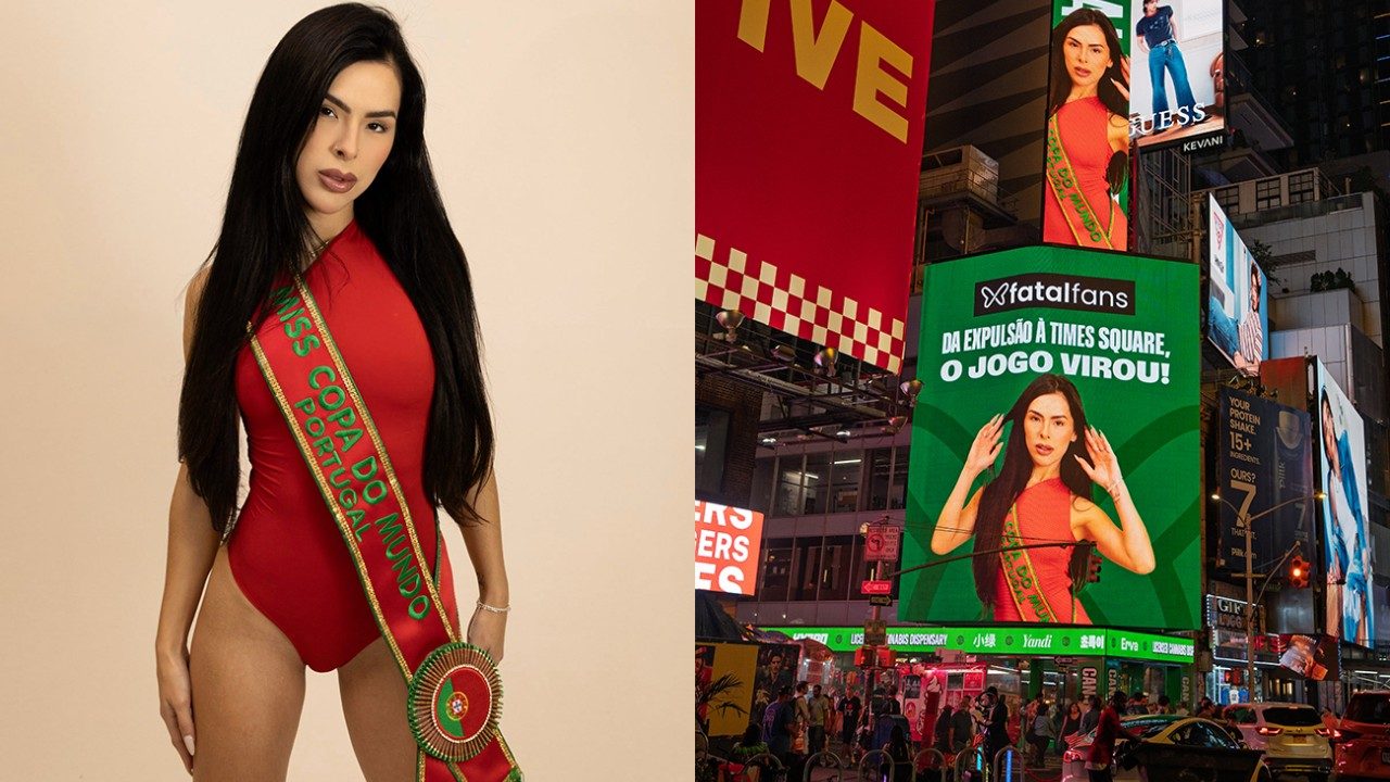 Marcela Soares de maiô vermelho e faixa de Miss posa em montagem com painel digital exibindo sua imagem na Times Square