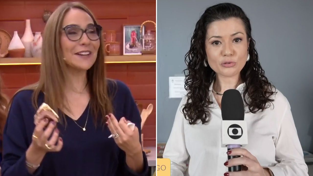 Maria Beltrão sorrindo no estúdio do É de Casa na Globo e Isabella Camargo segurando microfone da emissora durante reportagem