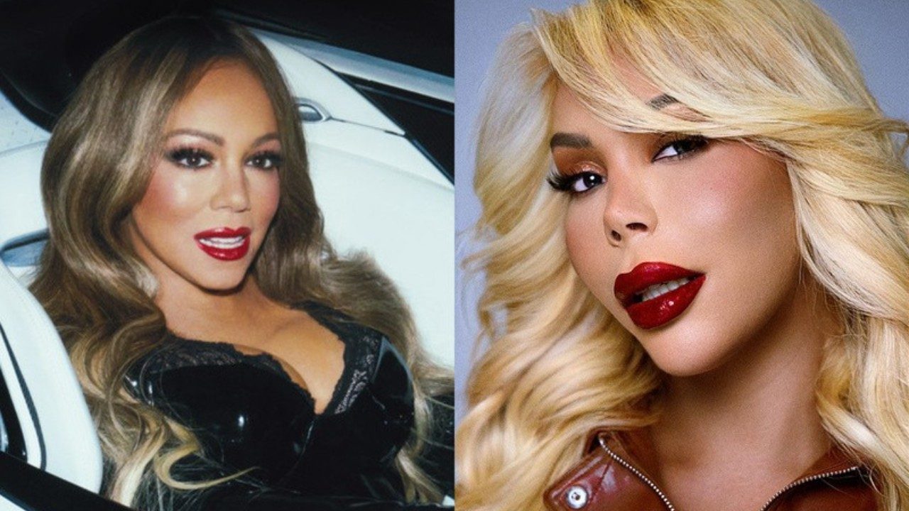 Montagem com Mariah Carey e Suellen Carey usando maquiagem marcante e batom vermelho em retratos promocionais