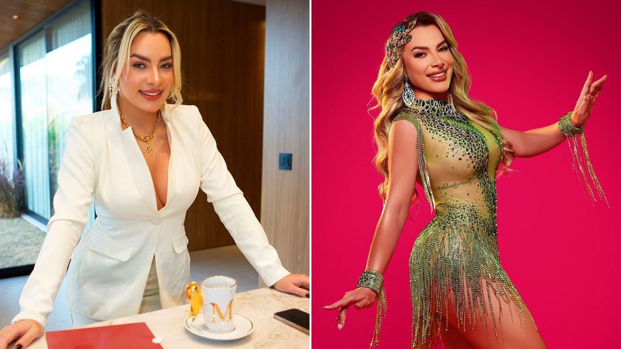 Marina Orlanda em montagem com duas fotos, à esquerda de blazer branco em ambiente interno e à direita com figurino verde fundo rosa
