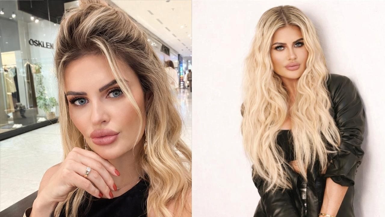 Marina Smith posa em duas imagens com cabelos loiros longos em ambiente interno e fundo neutro e em shopping ao fundo