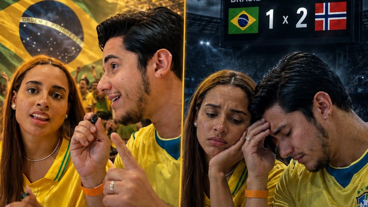 MC Lomma e Igor Lemann com camisas da Seleção antes e após derrota do Brasil para a Noruega em montagem dividida