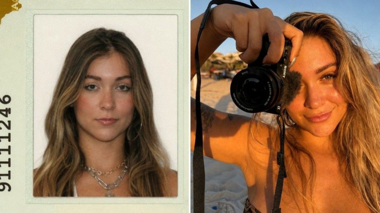 Mel Breia em foto de documento e segurando câmera fotográfica na praia durante o pôr do sol