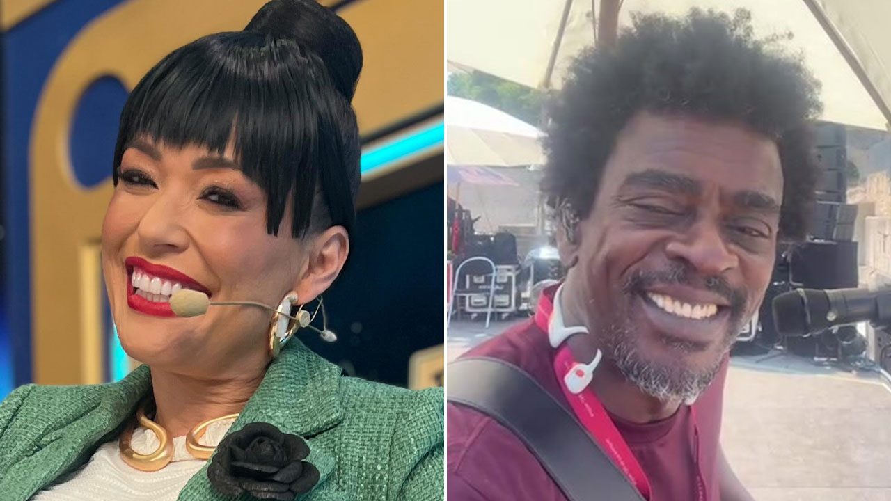 Montagem com Milene Pavorô sorrindo em estúdio e Seu Jorge sorrindo durante ensaio musical