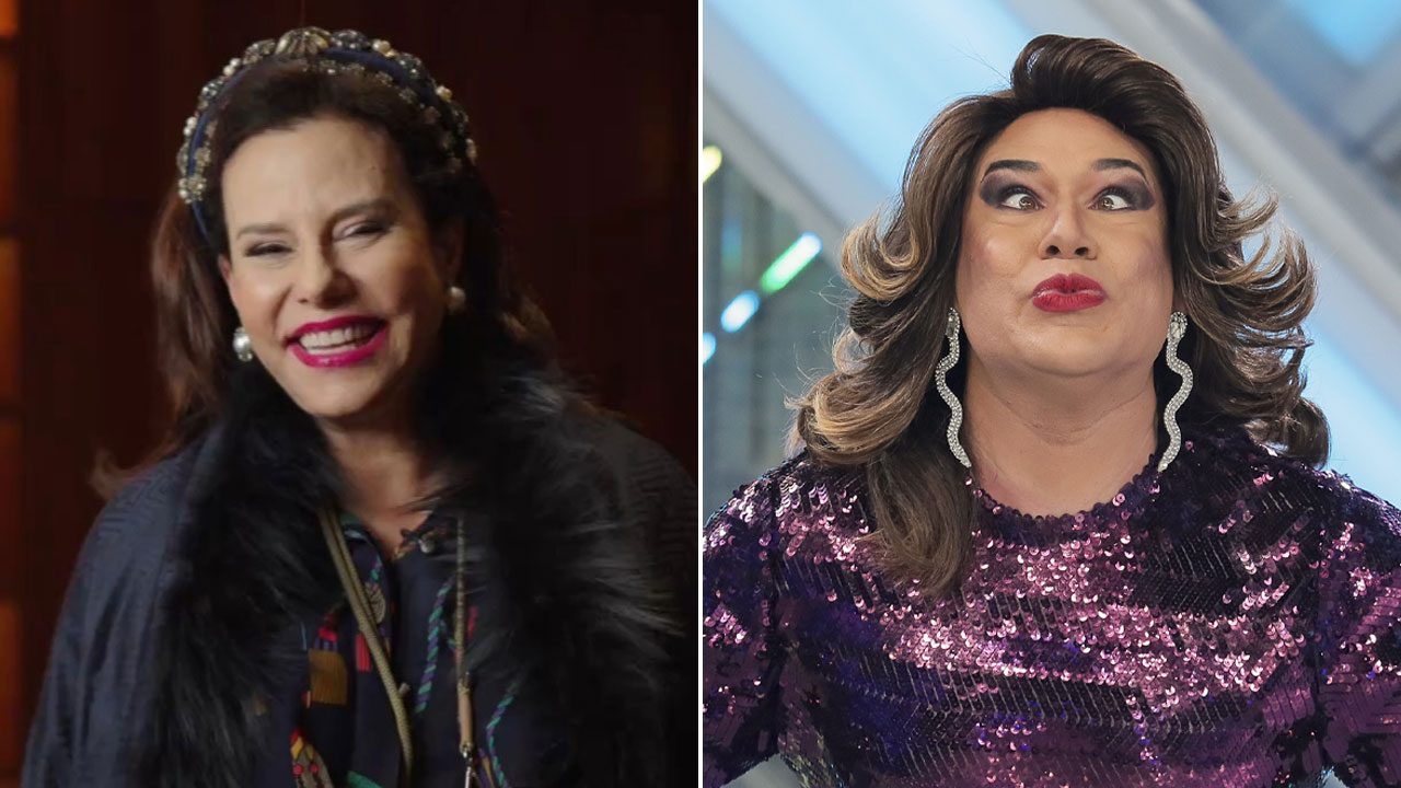 Montagem de fotos com Narcisa Tamborindeguy sorrindo e o humorista Tiago Barnabé como a personagem Narcisa em participação no Domingo Legal