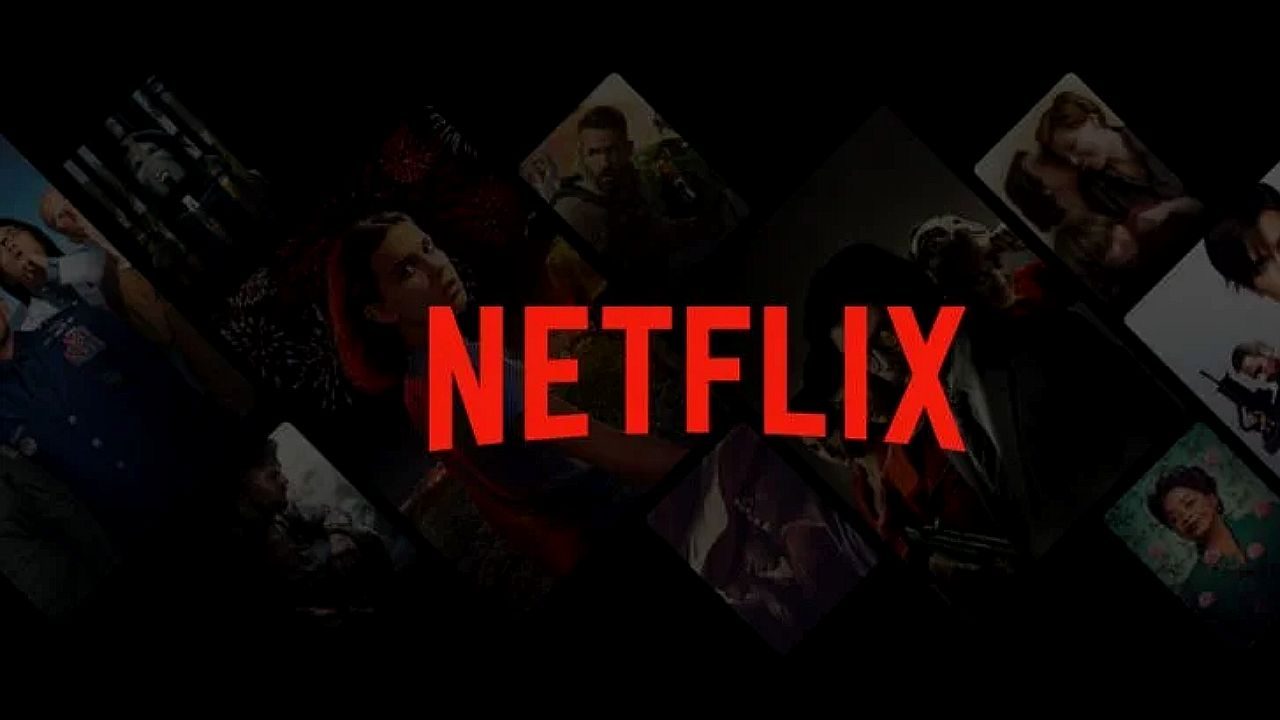 Logotipo da Netflix sobre fundo com imagens de séries e filmes do catálogo da plataforma de streaming