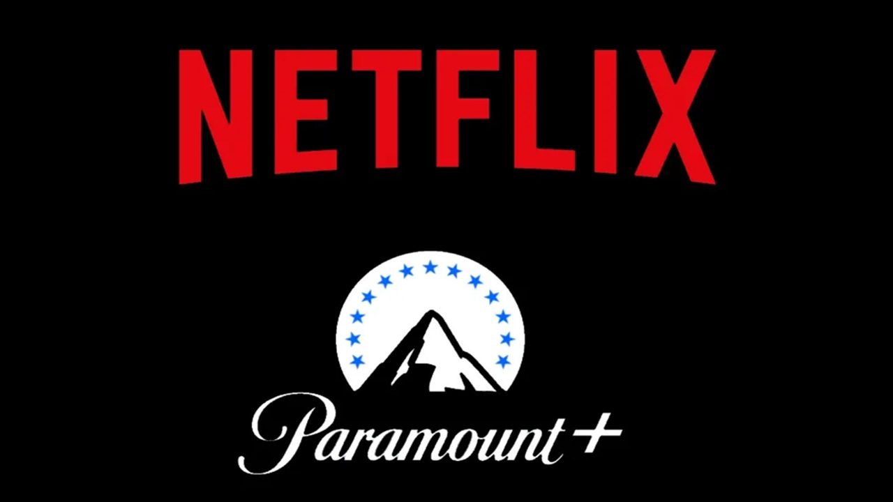 Logotipos da Netflix em vermelho e da Paramount Plus em branco e azul exibidos sobre fundo preto representando parceria entre as plataformas de streaming
