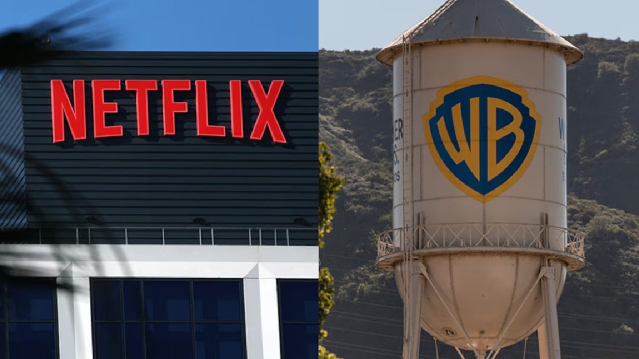 Montagem mostrando, à esquerda, a fachada de um prédio com o logotipo da Netflix em letras vermelhas sobre fundo preto; e, à direita, a icônica caixa d’água da Warner Bros., pintada de branco com o escudo azul e dourado do estúdio, tendo colinas arborizadas ao fundo