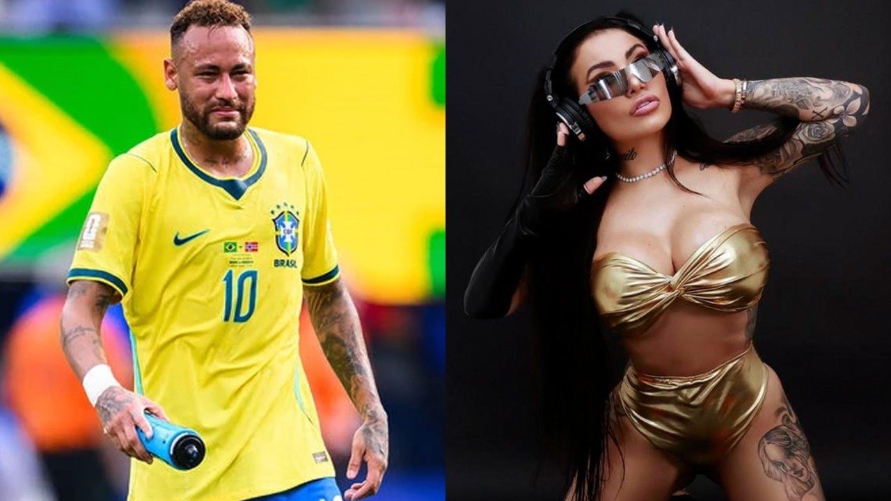 Neymar veste camisa amarela da seleção brasileira em campo enquanto Monaliny Soares posa com fones, óculos espelhados e conjunto dourado em estúdio escuro