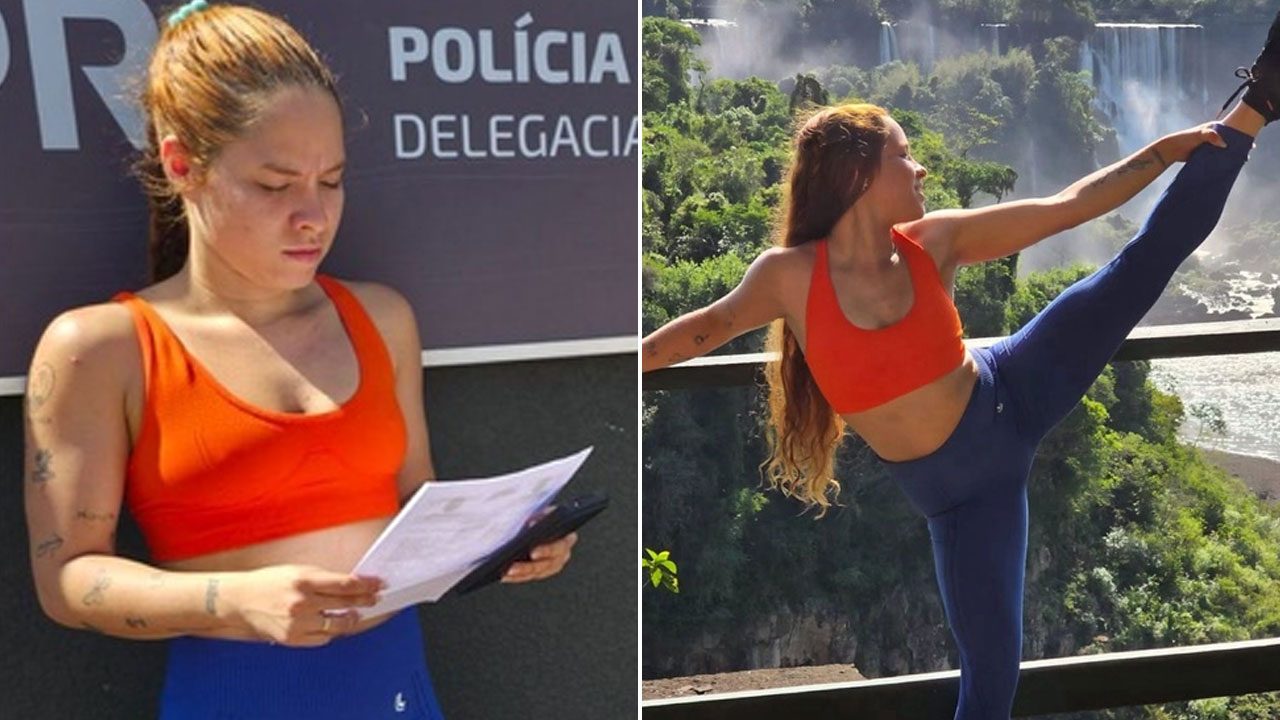 Nycole Gomes com top laranja e calça azul em frente à delegacia e nas Cataratas do Iguaçu