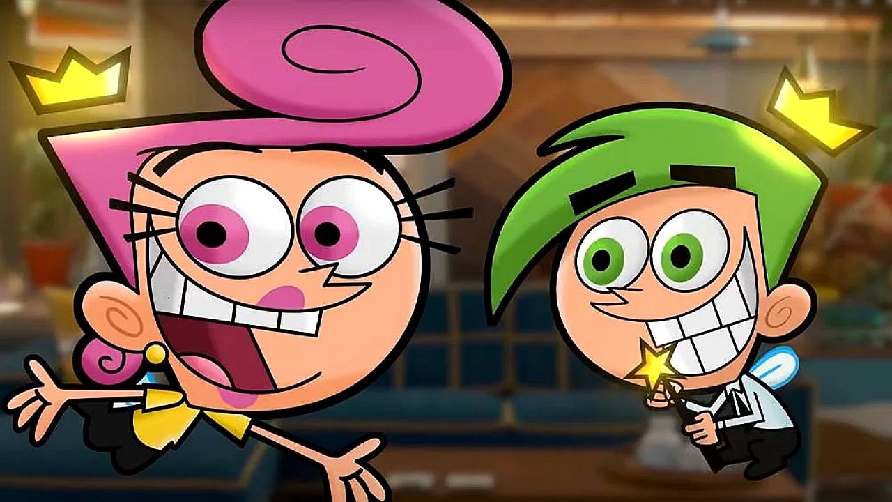 Wanda e Cosmo sorrindo com varinhas mágicas em cena da animação Os Padrinhos Mágicos