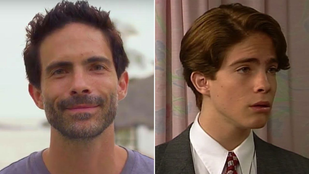 Montagem de Osvaldo Benavides adulto à esquerda e caracterizado como Nandinho em Maria do Bairro à direita