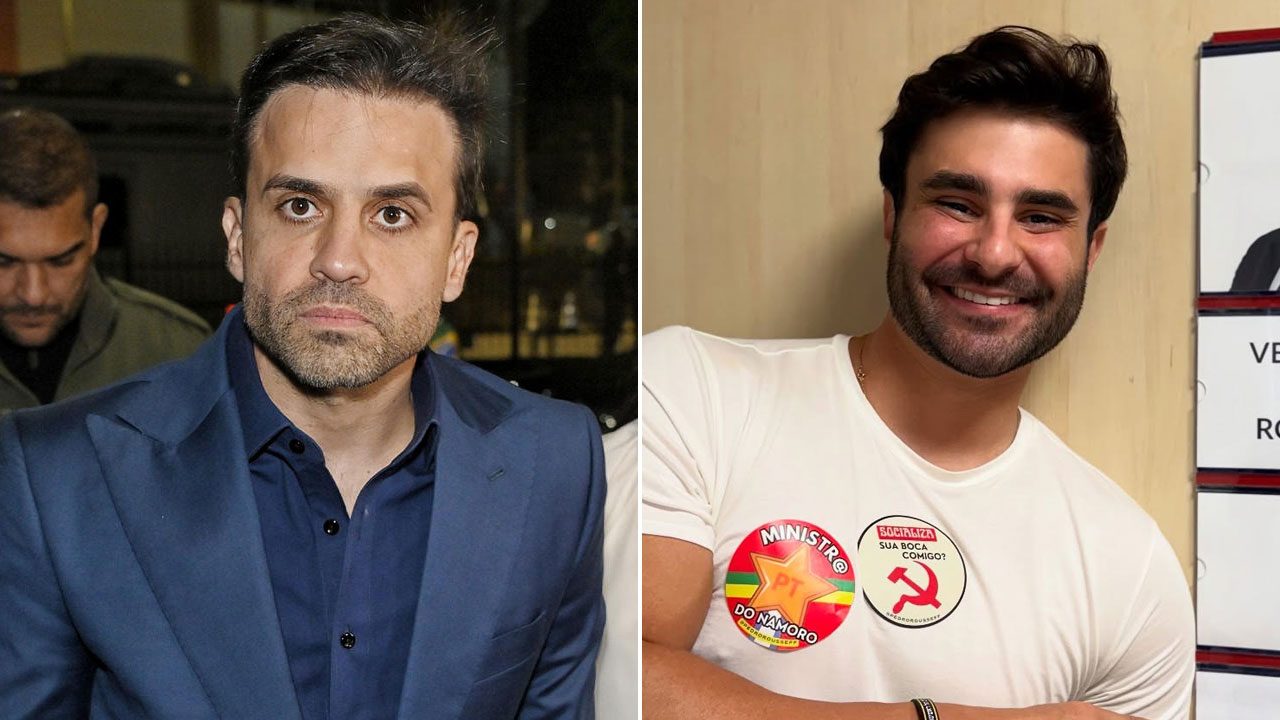 Montagem com Pablo Marçal sério usando terno azul e Pedro Rousseff sorrindo com camiseta e adesivos políticos