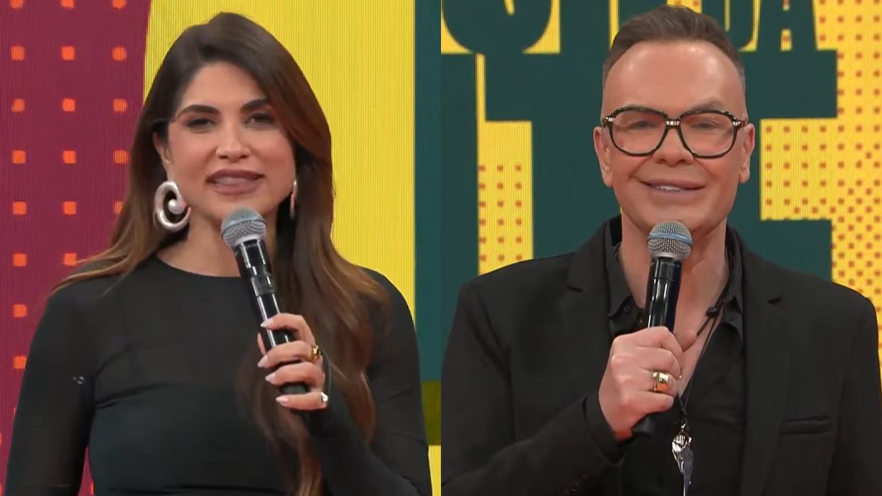 Foto de Pâmela Lucciola e Felipeh Campos na estreia do novo Melhor da Noite