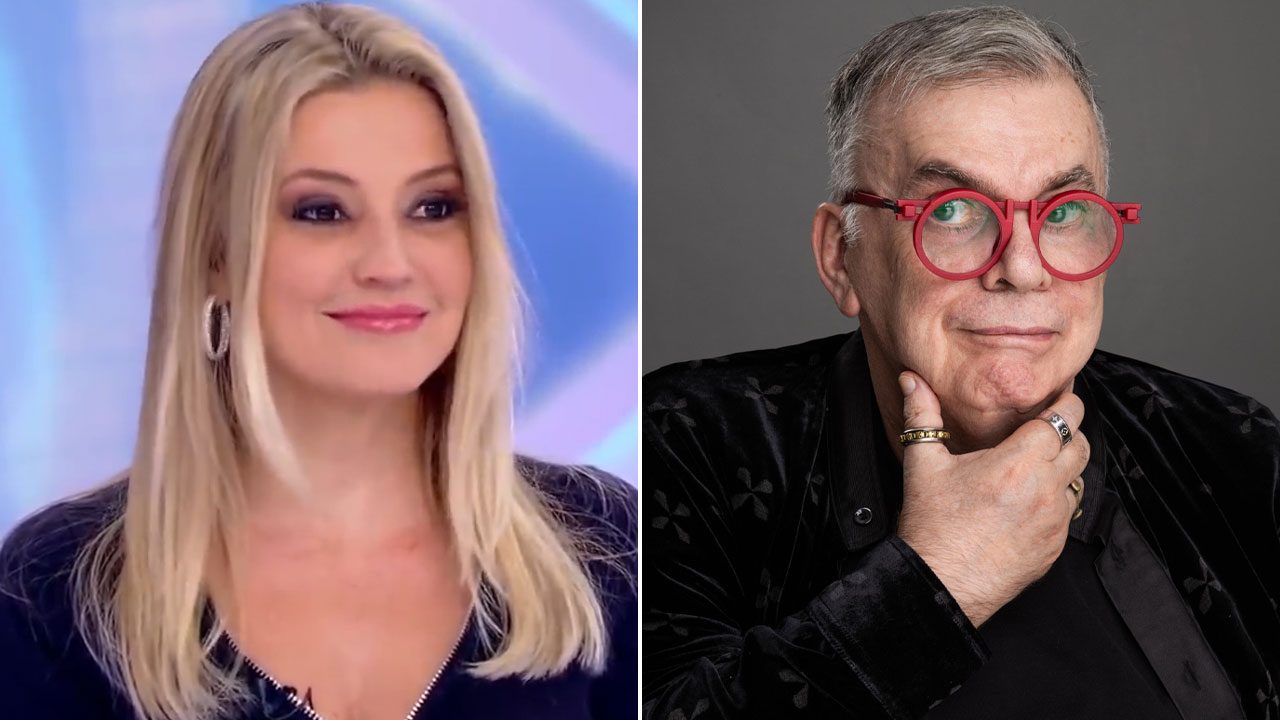 Montagem com Patrícia de Sabrit sorrindo em estúdio e Walcyr Carrasco com óculos vermelhos e mão no queixo