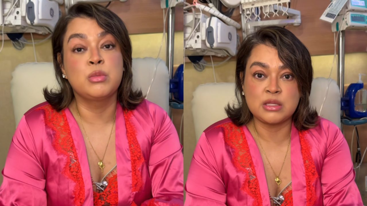 Montagem de fotos de Preta Gil de camisola rosa no hospital