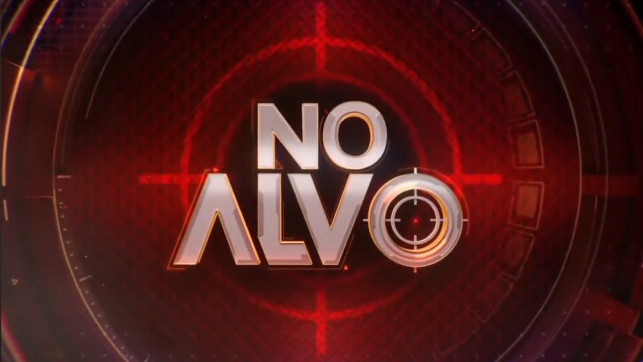 Logo do programa No Alvo do SBT com fundo vermelho e mira ao redor do texto