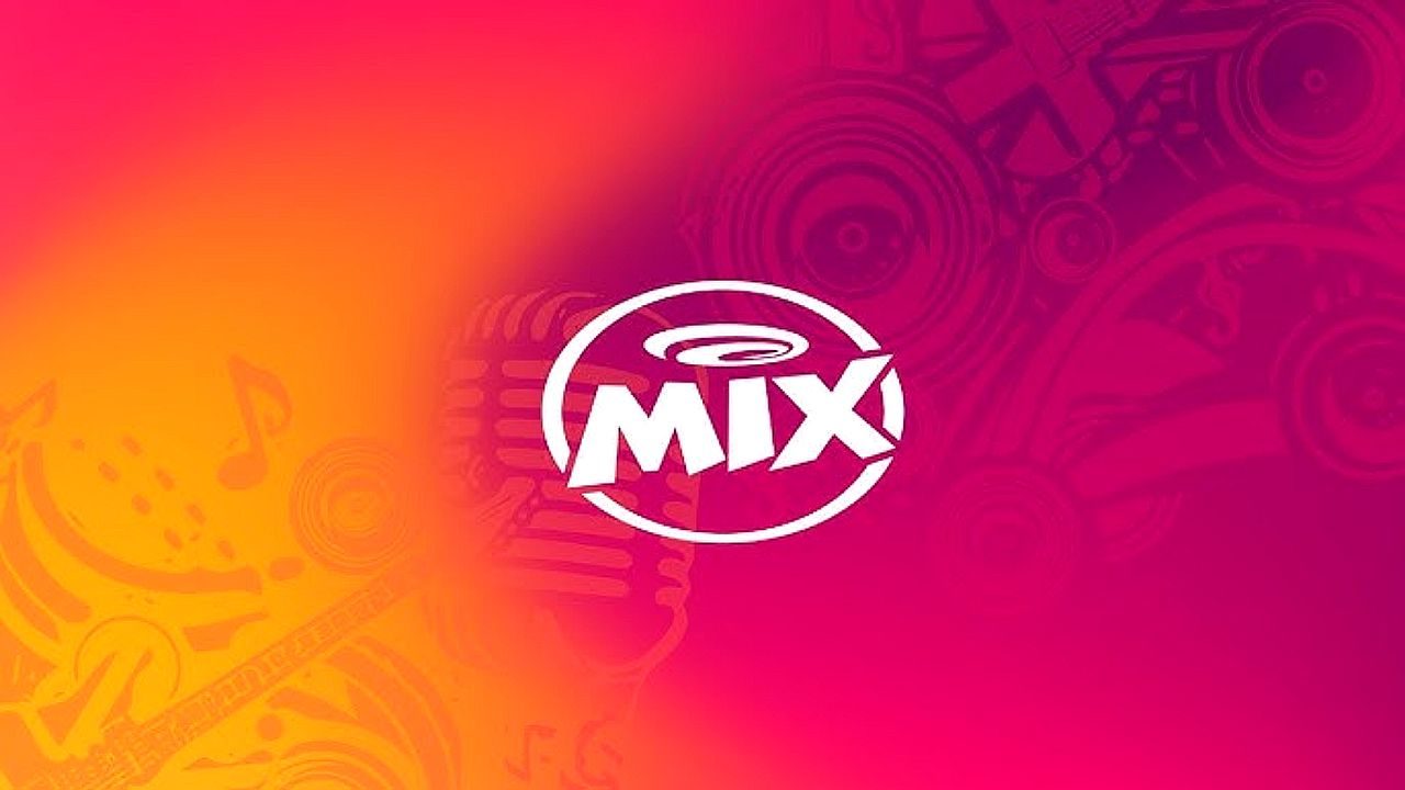 Logotipo da rádio Mix em fundo rosa e laranja com ilustrações musicais ao fundo