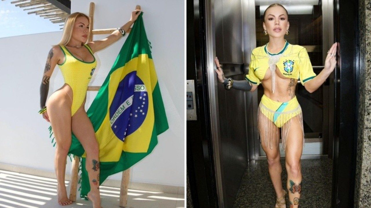 Ravena Hanniely posa com trajes nas cores da seleção brasileira e bandeira do Brasil em montagem de duas fotos