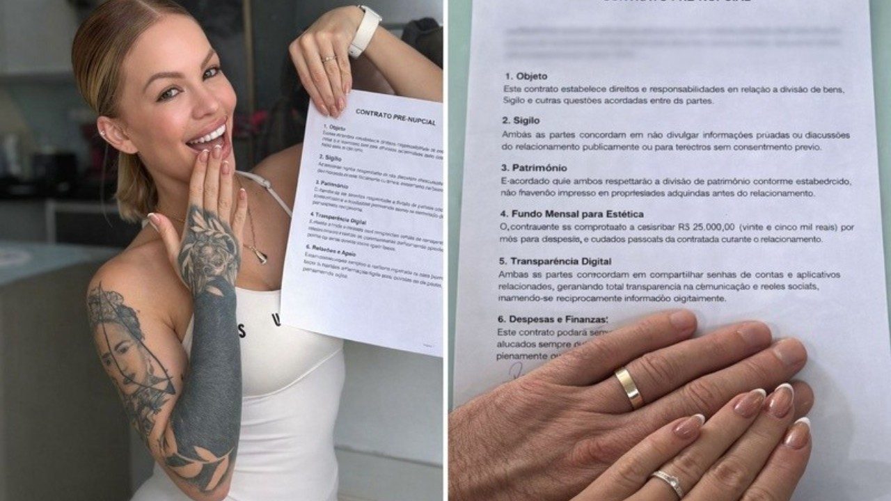 Ravena Hanniely sorri segurando contrato pré-nupcial, ao lado detalhe de mãos com alianças sobre documento que cita fundo mensal de 25 mil reais