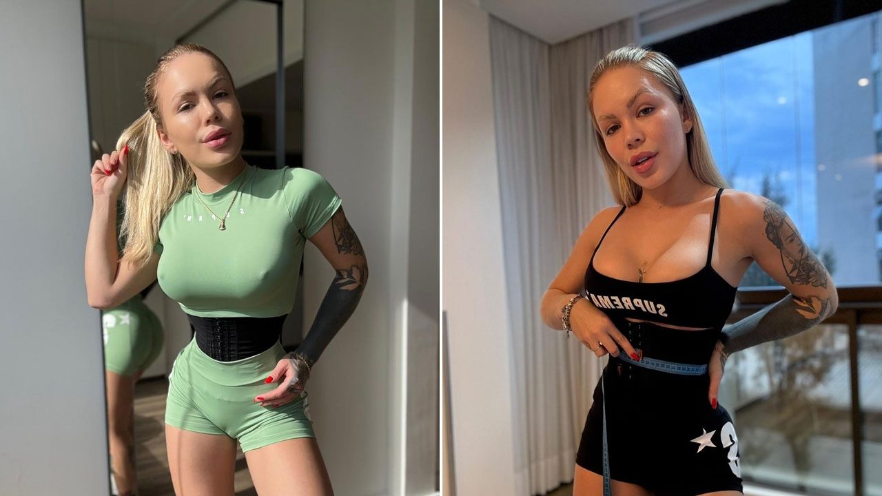 Montagem de fotos de Ravena Hanniely; à esquerda, de roupa verde e cinta, e à direita, de roupa preta, enquanto mede a cintura com fita métrica