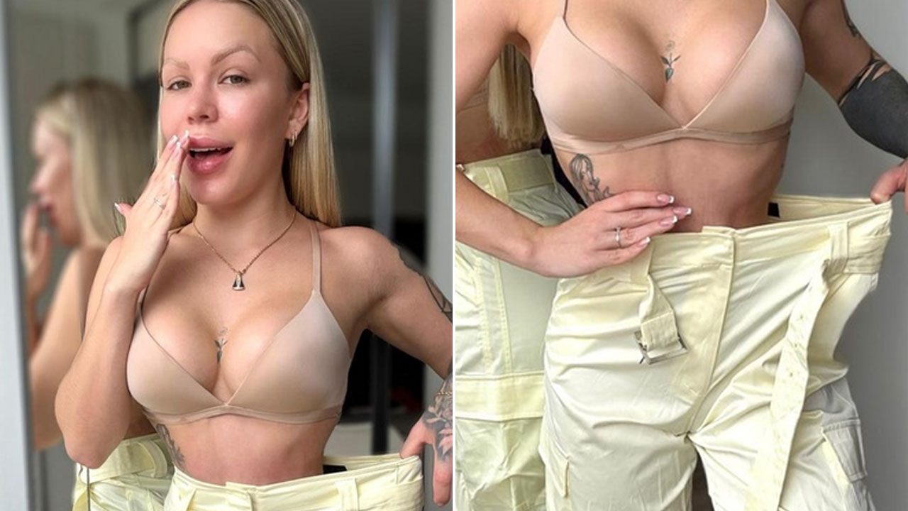 Ravena Hanniely em montagem exibindo a microcintura, vestindo sutiã bege e calça larga de cor clara nas redes sociais