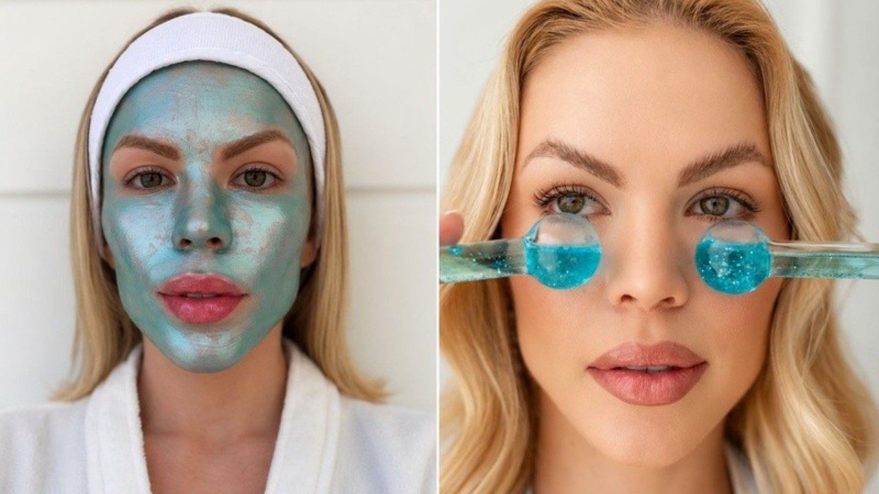 Ravena Hanniely aplica máscara facial azul e usa massageadores sob os olhos em rotina de cuidados com a pele