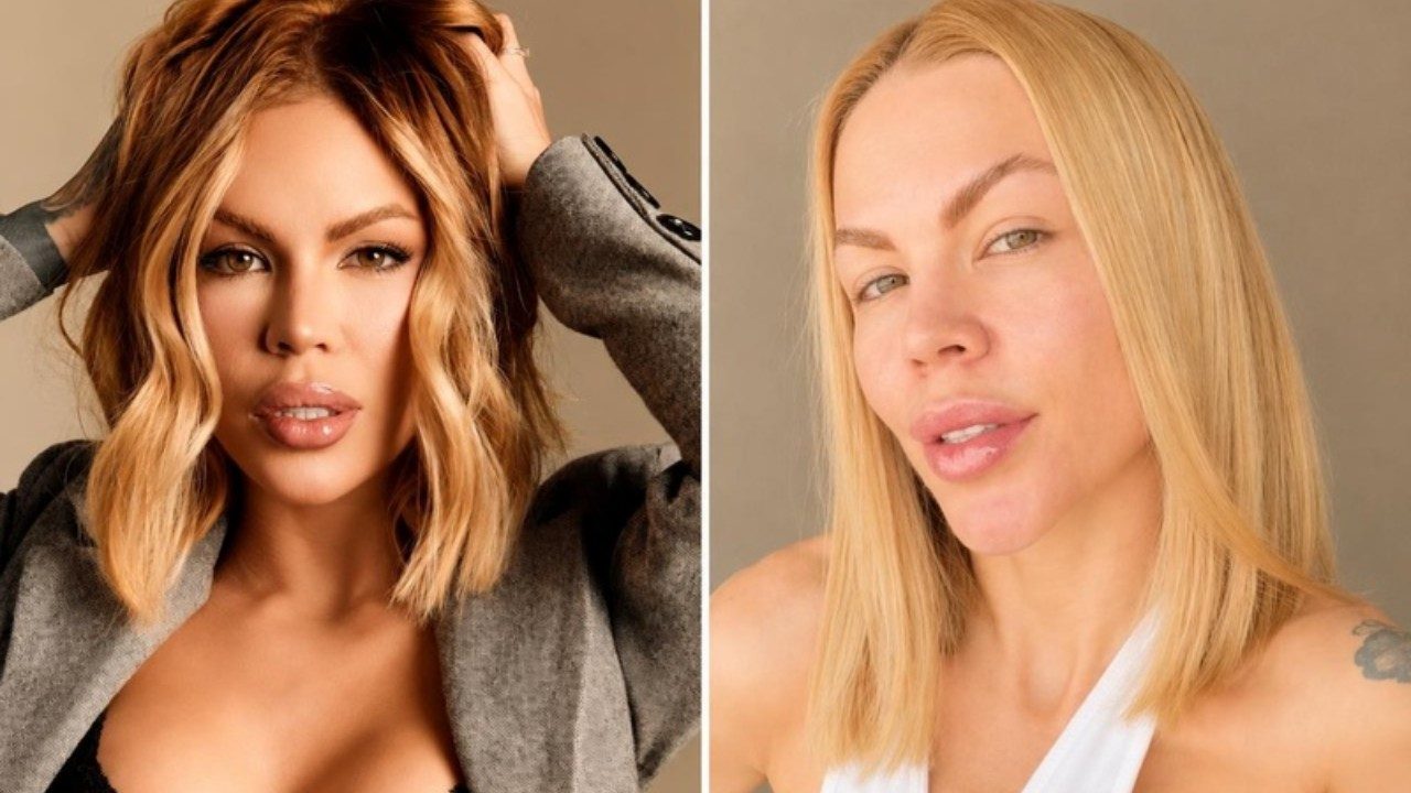 Montagem com duas fotos de Ravena Hanniely exibindo visual antes e depois de mudança capilar com cabelos em tons diferentes de loiro