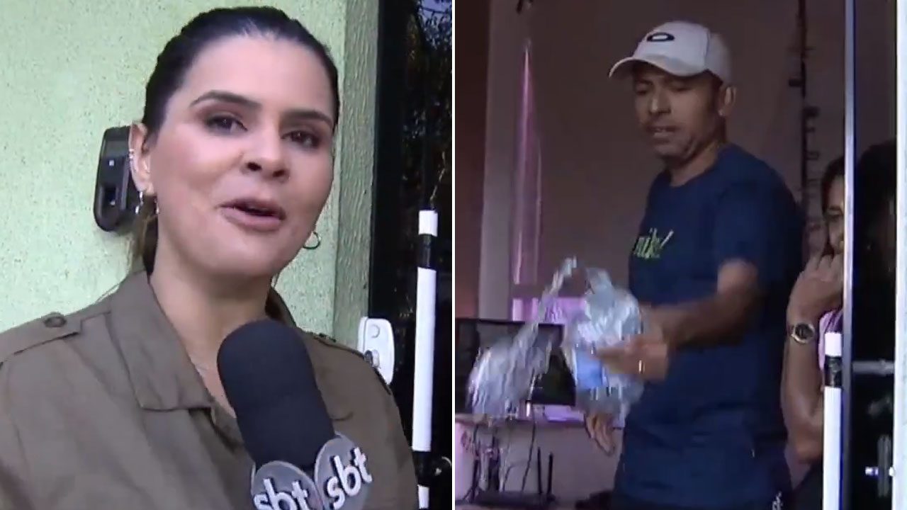 Aline Galdino com microfone do SBT é alvo de garrafa arremessada por homem durante reportagem ao vivo