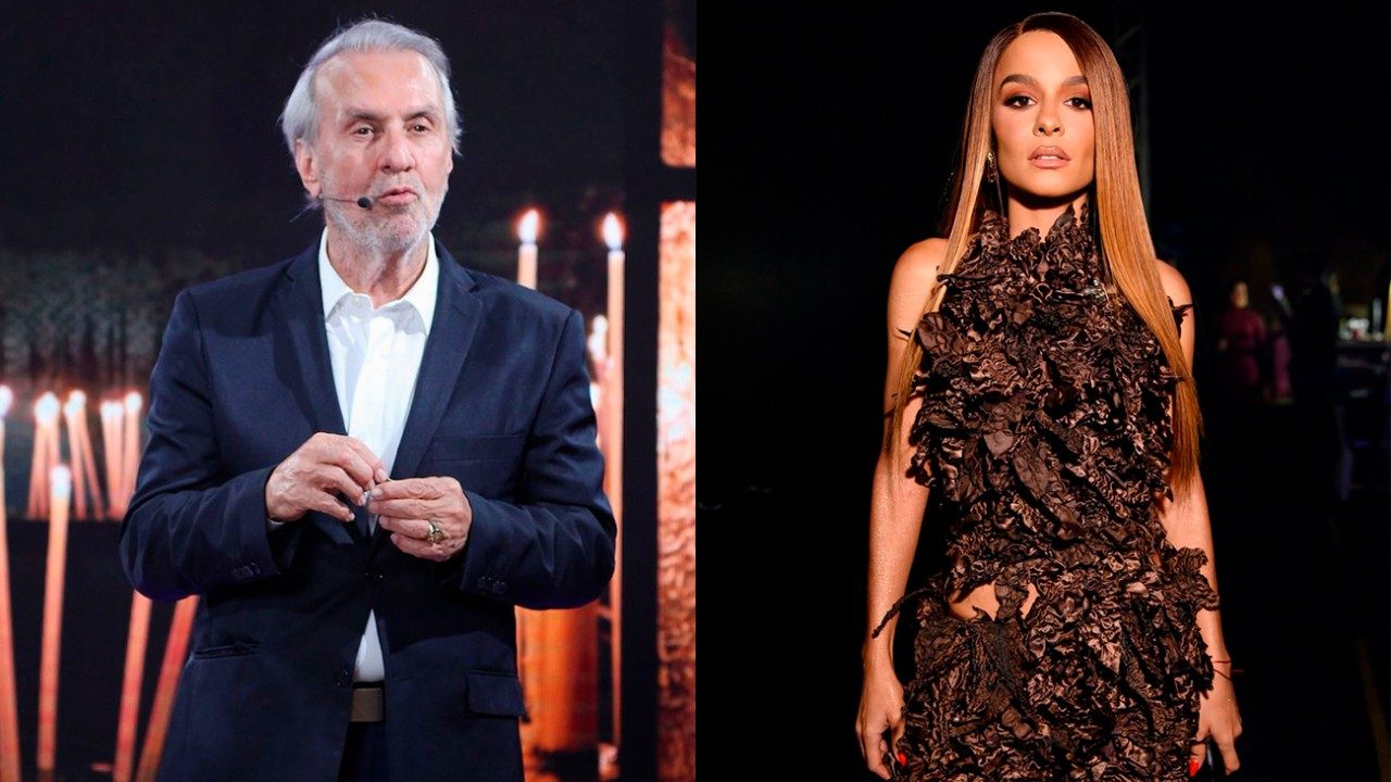 Robério de Ogum de terno fala ao microfone em palco e Maiara posa com vestido escuro em montagem lado a lado