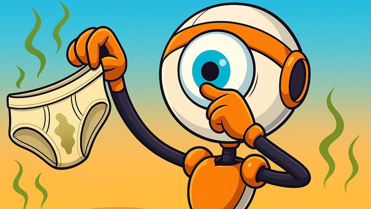 Robô do BBB com expressão de nojo segurando cueca suja com cheiro ruim representado por ondas verdes