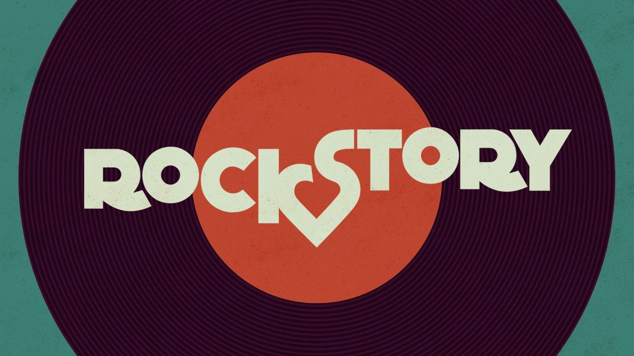 Logotipo da novela Rock Story sobre disco de vinil roxo com fundo azul esverdeado