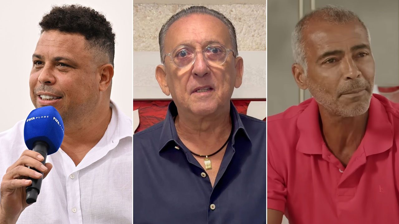 Montagem com Ronaldo segurando microfone da FIFA, Galvão Bueno de camisa escura e Romário com camisa polo vermelha