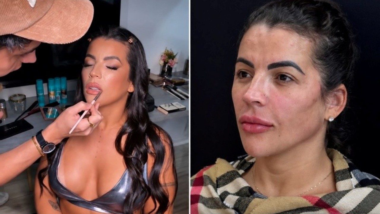 Rosana Ferreira aparece maquiada durante preparação de beleza e sem maquiagem em comparação de antes e depois