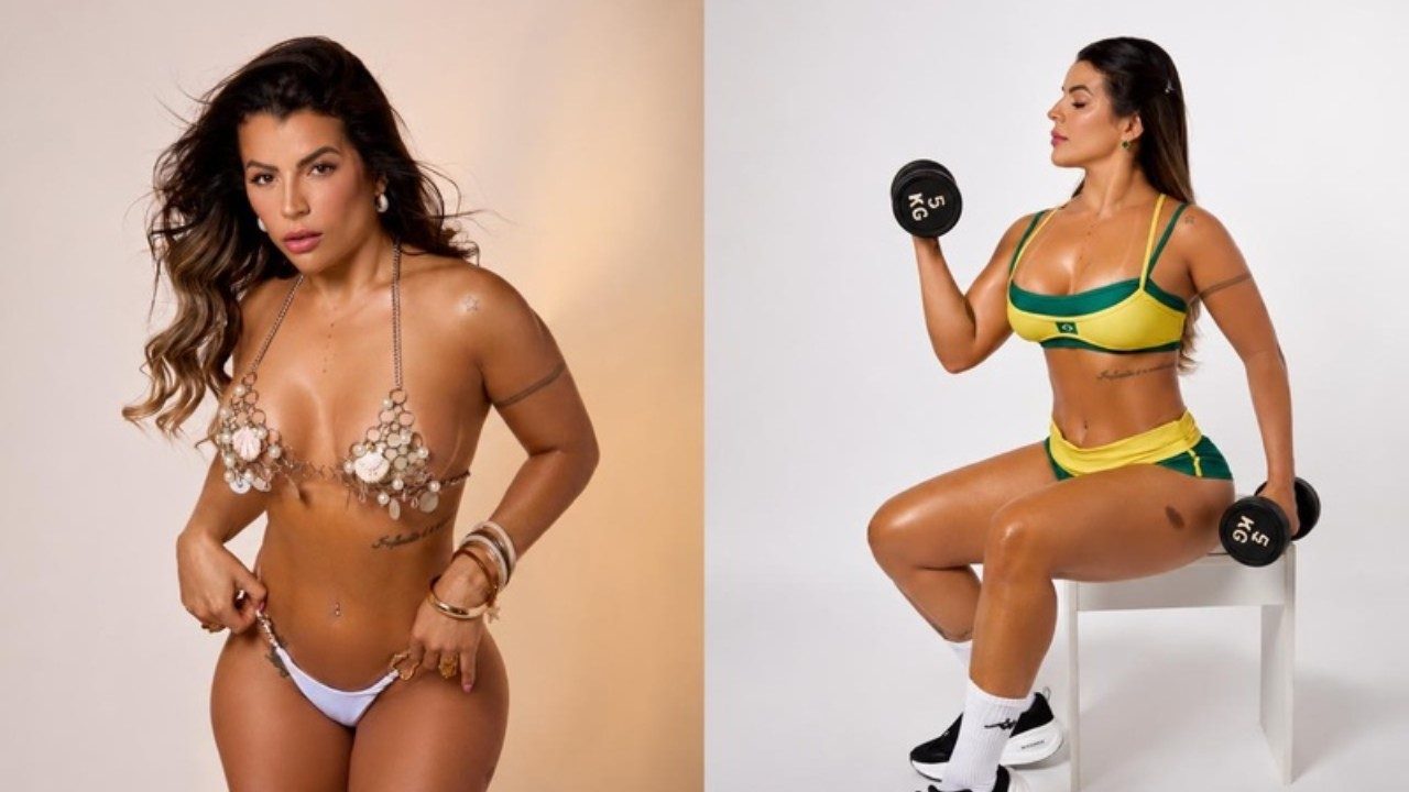 Montagem com Rosana Ferreira em ensaio fotográfico usando biquíni e posando com halteres durante sessão fitness em estúdio