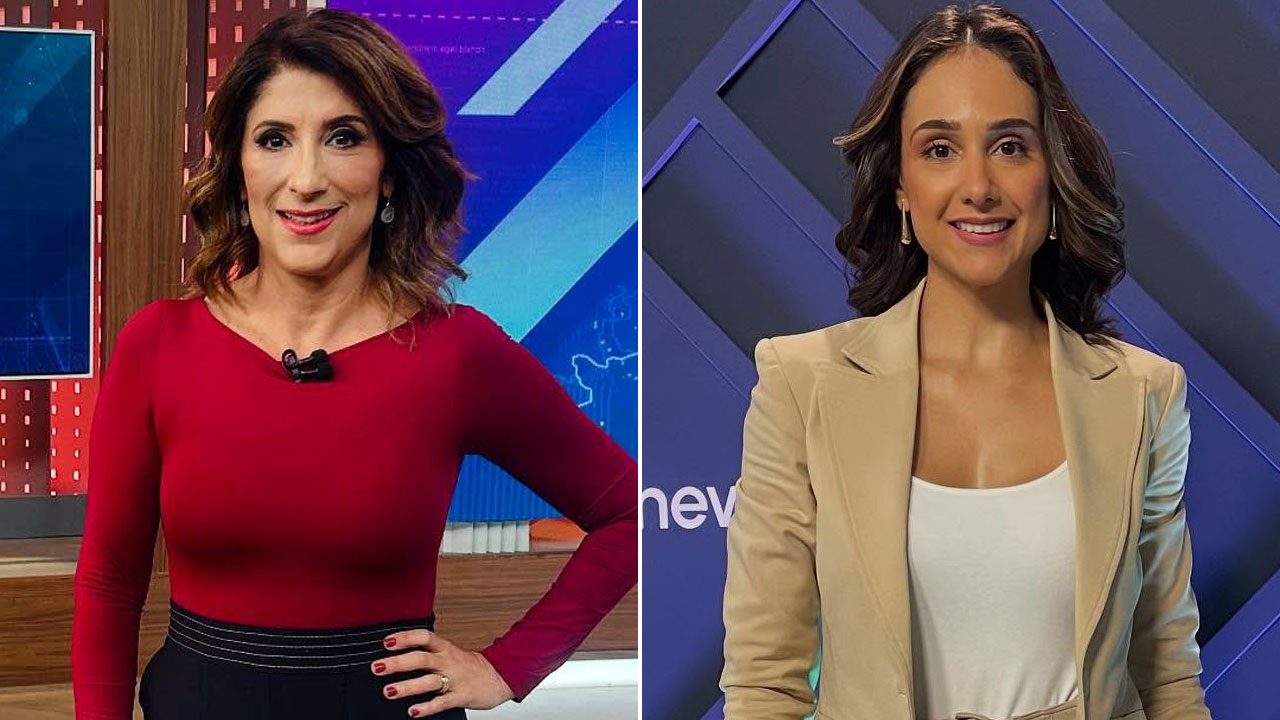 Simone Queiroz com blusa vermelha e Lívia Zanolini com blazer bege nos estúdios do SBT