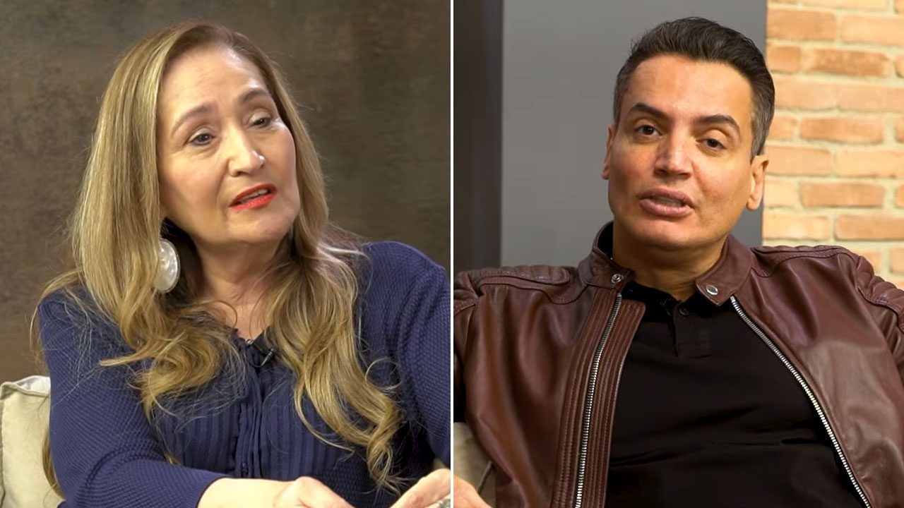Montagem com Sonia Abrão à esquerda e Leo Dias à direita durante entrevista