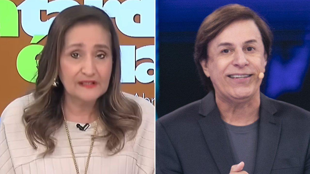 Montagem com Sonia Abrão em frente ao telão do A Tarde É Sua ao lado de Tom Cavalcante sorrindo com microfone de lapela