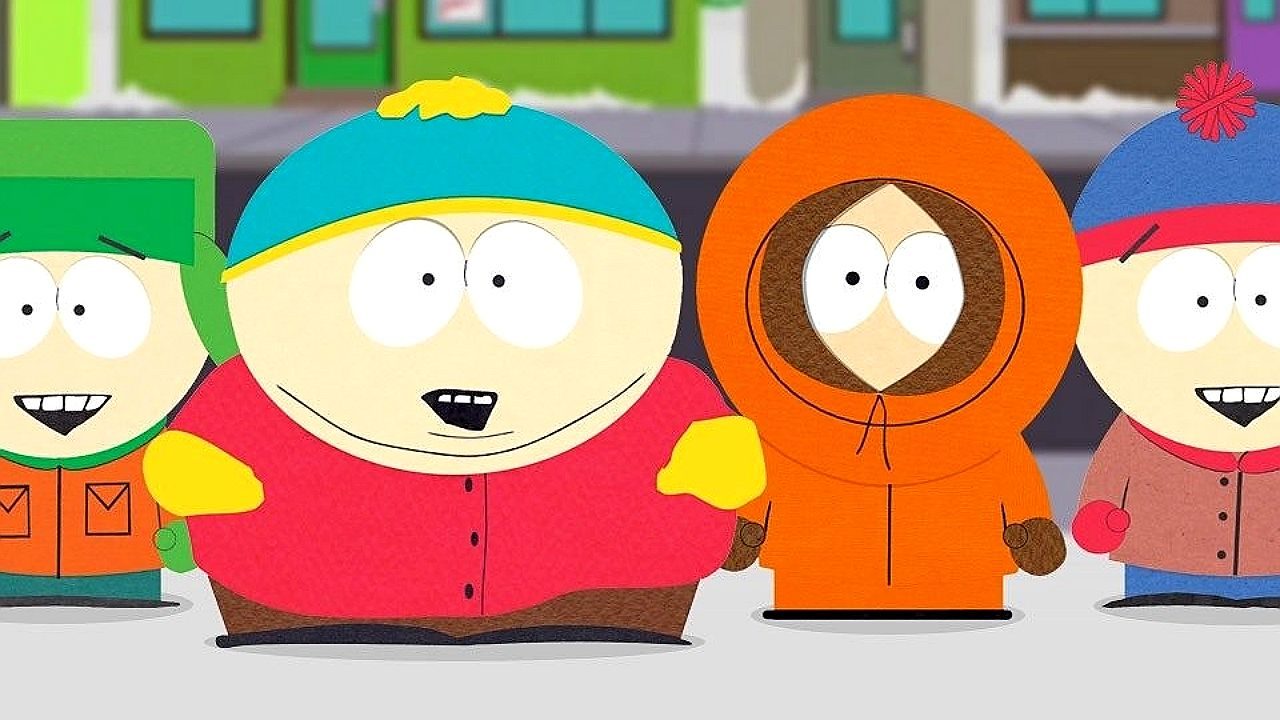 Personagens Cartman, Kenny, Kyle e Stan em cena da animação South Park nas ruas da cidade