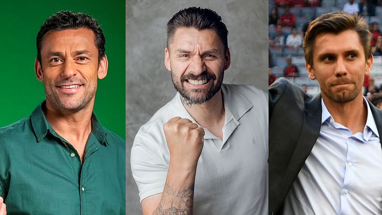 Montagem com três homens sorrindo em retratos lado a lado em diferentes cenários incluindo estúdio e estádio