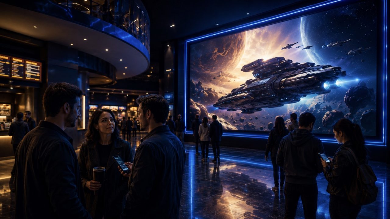 Pessoas em cinema diante de cartaz espacial