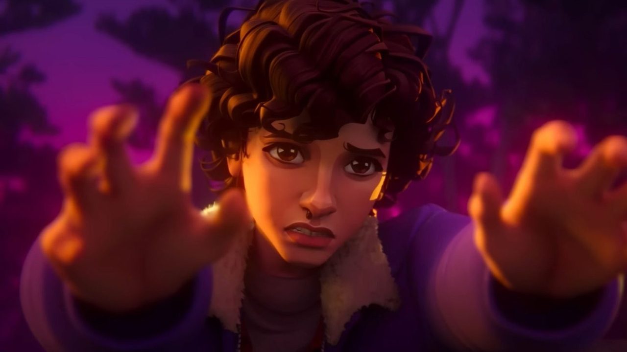 Personagem animado com expressão aflita estende as mãos em direção à câmera, em cenário com iluminação roxa e rosa que sugere clima de tensão ou perigo.