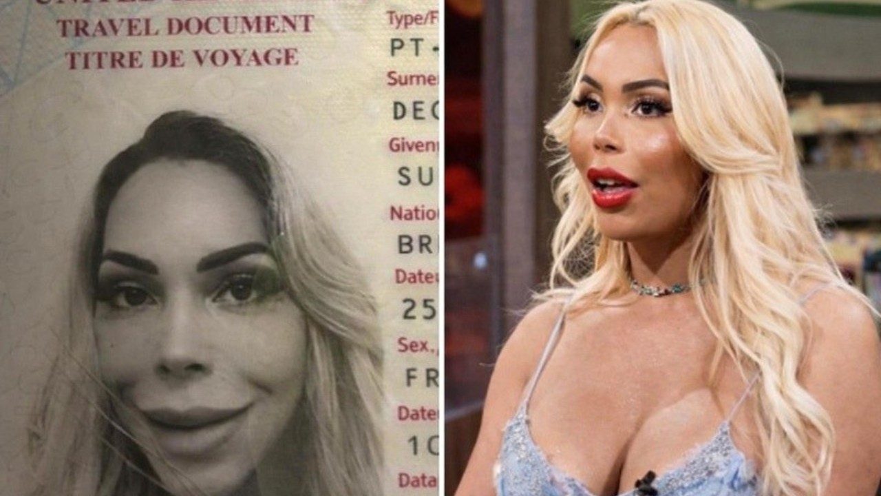 Montagem mostra foto de documento de viagem com retrato de Suellen Carey em preto e branco ao lado de imagem dela loira em estúdio de TV