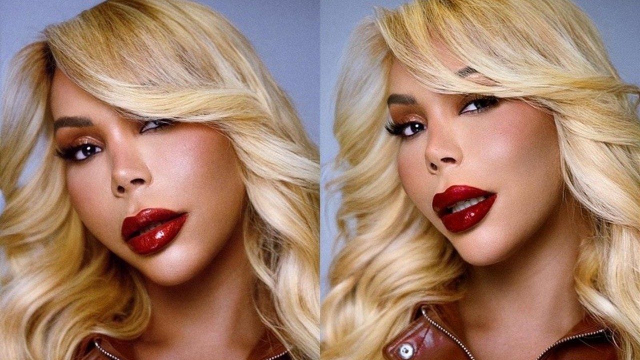 Suellen Carey com cabelo loiro e batom vermelho em montagem com duas fotos de close do rosto para ensaio fotográfico
